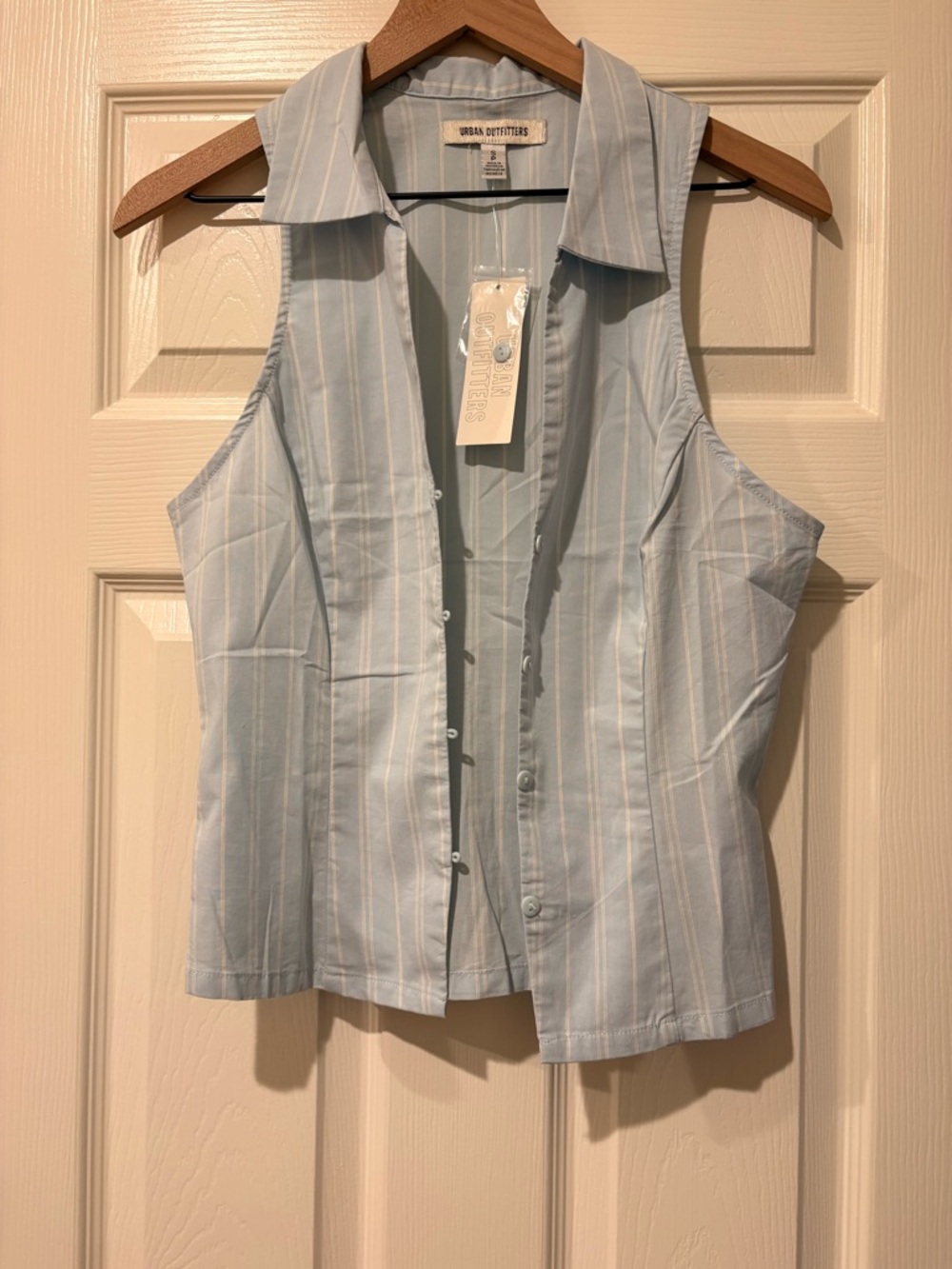 Urban Outfitters Light Blue and White Striped Sleeveless Button-Down Shirt
